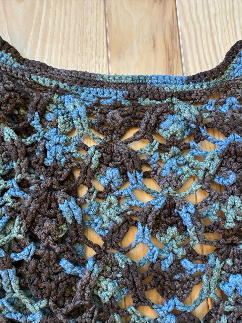 Boho Crochet Brown Blue Open Front Short Sleeve Handmade Top - Picture 7 of 8